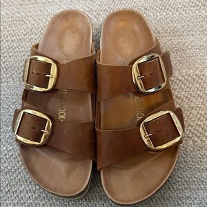 Birkenstock Brown Sandals with Gold Buckles